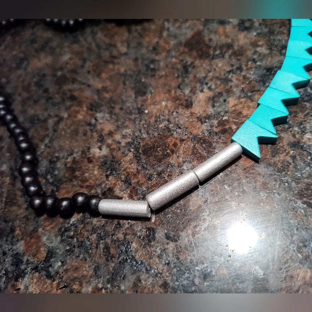 Wooden Painted Beaded Necklace, Black, Silver, Turquoise Beads, 40 Inch - Picture 2 of 4